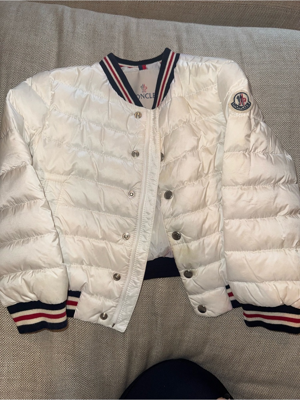 Moncler Kids White Quilted Puffer Jacket with Tricolor Rib Trim